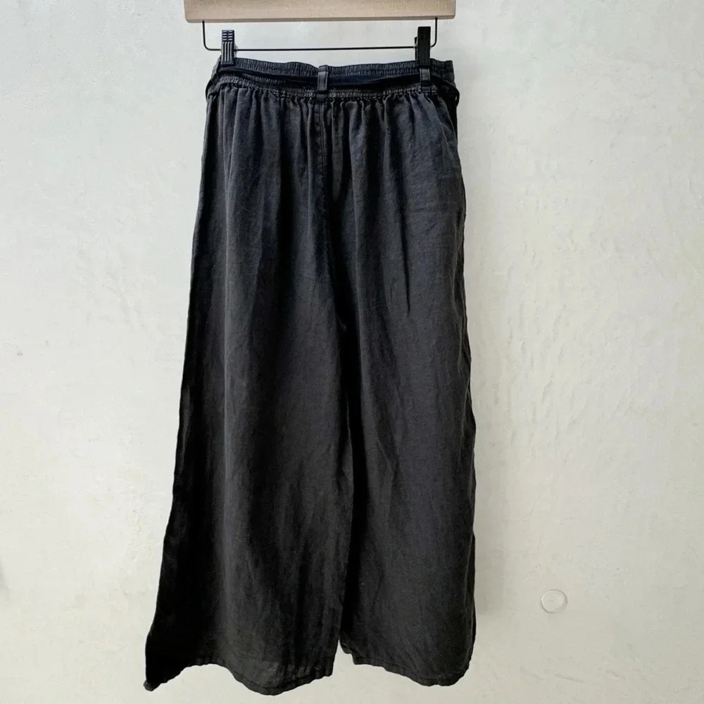 H HALSTON Black Wide Leg Linen Pants Size S Minimalist Resort Drawstring - Picture 4 of 15